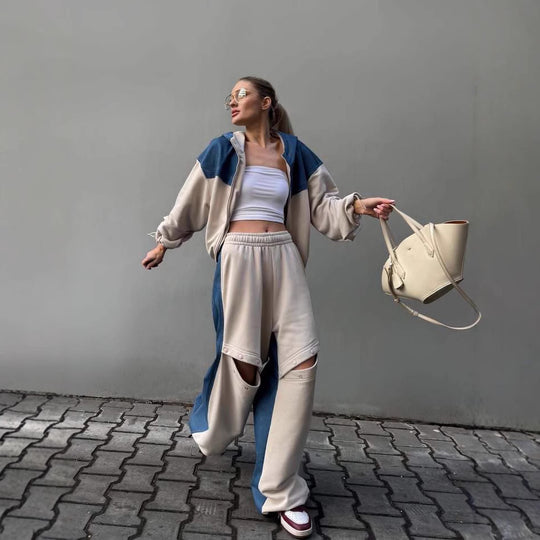 Damen zweifarbiges Kapuzenjacken- und wandelbares Druckknopf-Jogginghosen-Set Shop Nory