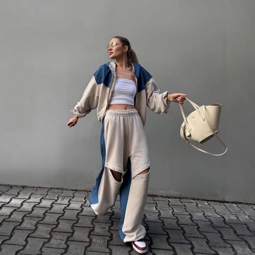 Damen zweifarbiges Kapuzenjacken- und wandelbares Druckknopf-Jogginghosen-Set Shop Nory