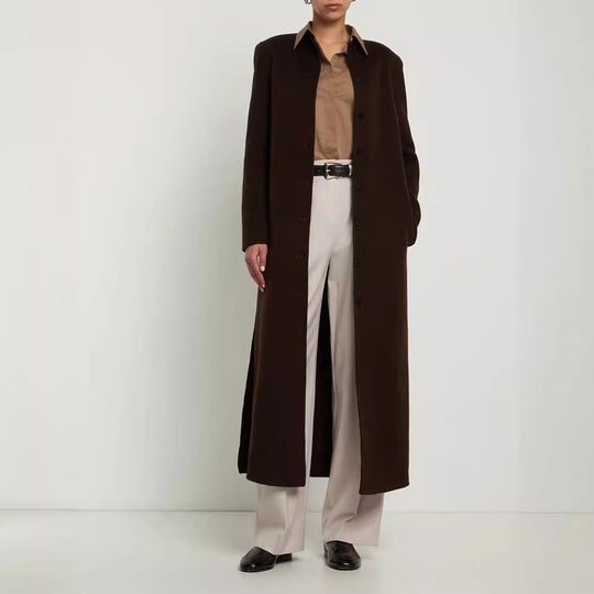 Damen Langer Minimalistischer Stehkragenmantel aus Wollmix mit verdeckter Knopfleiste Shop Nory