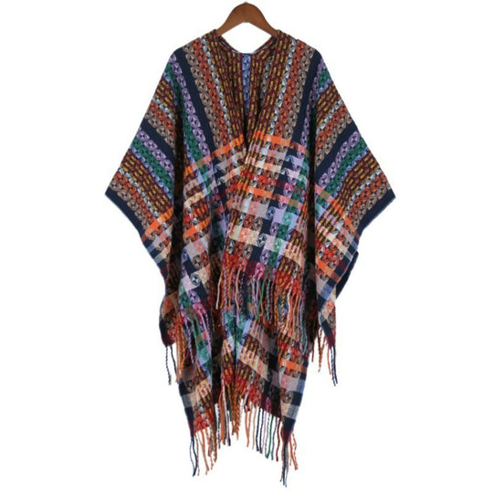 Damen Mehrfarbiger Web‑Poncho im Boho‑Patchwork‑Design mit Fransen Shop Nory