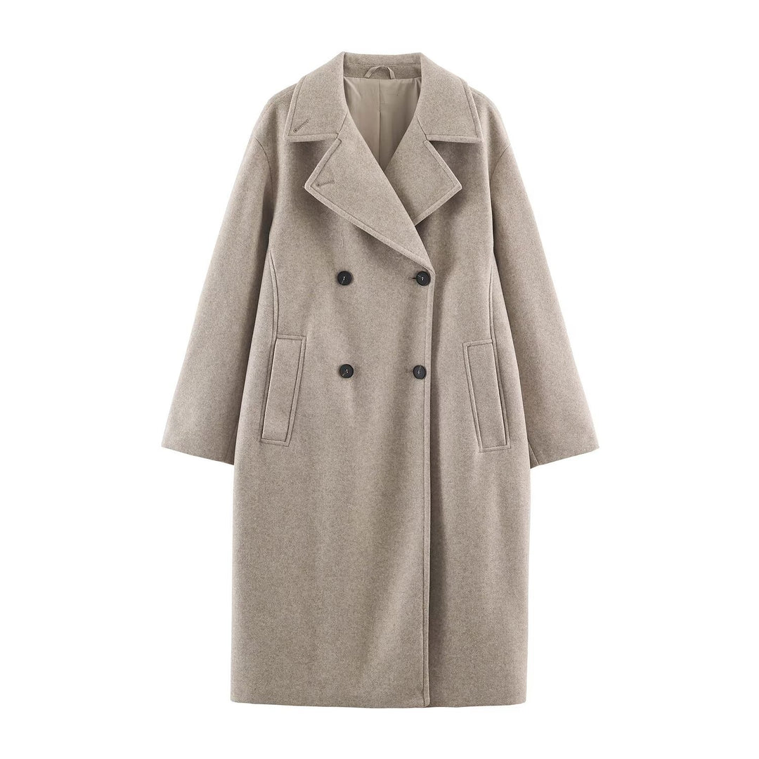 Damen Midilanger Wollmix-Doppelreihenmantel mit weitem Revers und Eingrifftaschen Shop Nory