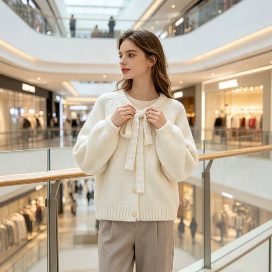 Damen Oversize Strickpullover mit dekorativem Blumen-Spitzenband Shop Nory