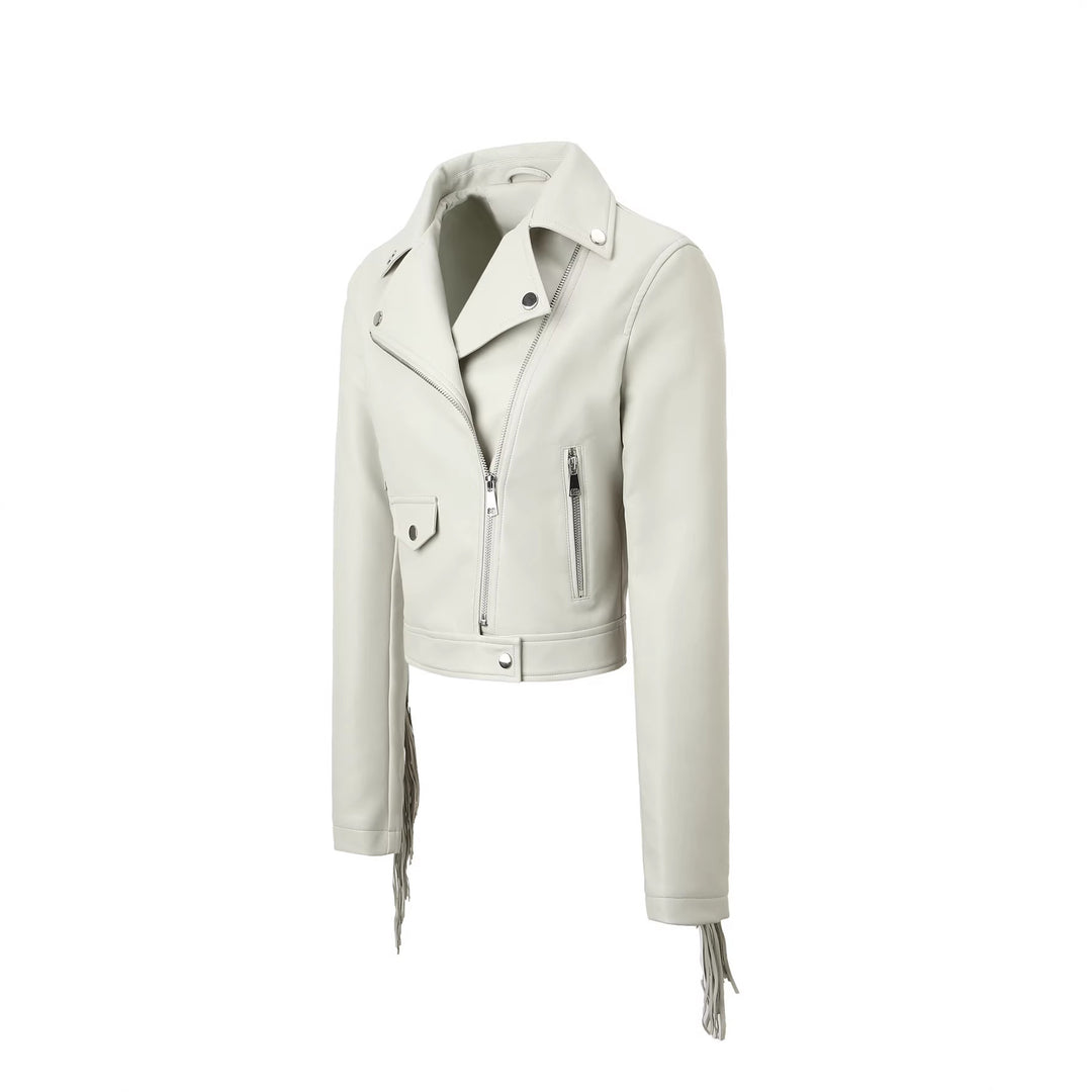 Damen Kurze Biker‑Lederjacke mit Fransenärmeln und asymmetrischem Reißverschluss Shop Nory