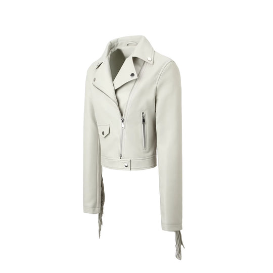 Damen Kurze Biker‑Lederjacke mit Fransenärmeln und asymmetrischem Reißverschluss Shop Nory