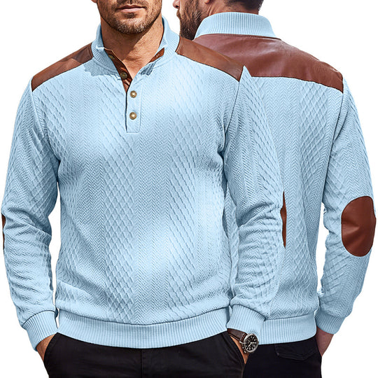Herren Pullover mit Stehkragen, Zopfmuster und kontrastierenden Lederbesätzen Shop Nory