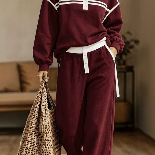 Damen Lounge-Set aus weichem Jersey mit Polokragen, Kontraststreifen und weiter Jogpant Shop Nory
