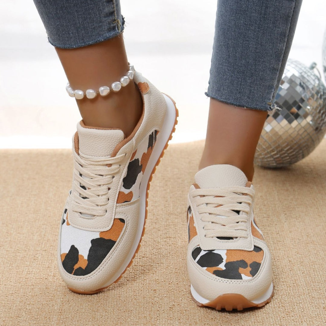 Damen sportliche Leoparden-Print Retro-Sneaker mit gepolstertem Komfortfußbett und profilierter Gummisohle Shop Nory