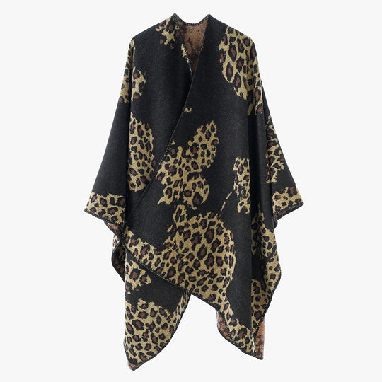 Damen Wolloptik-Überwurf mit gewebtem Leopard-Jacquard und offenem Zipfelrand Shop Nory