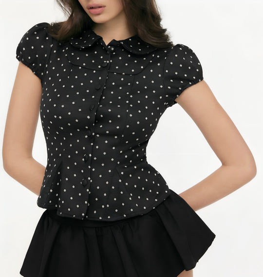 Damen Karo-Bluse mit Bubikragen, Taillierter Peplum-Silhouette und Puffärmeln Shop Nory