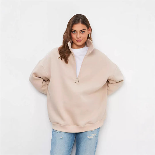 Damen Oversized Halbzip Sweater mit hohem Stehkragen und Rippbündchen Shop Nory