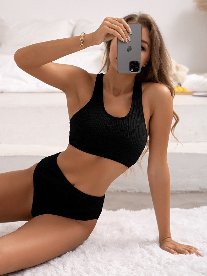 Damen Sport Bikini-Set mit hohem Taillenschnitt und strukturiertem Oberteil