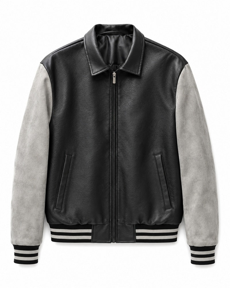 Herren Retro Letterman‑Bomber mit glattem Kunstlederkörper und Veloursärmmel-Detail Shop Nory