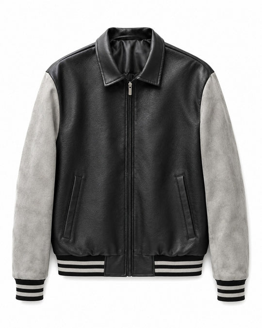 Herren Retro Letterman‑Bomber mit glattem Kunstlederkörper und Veloursärmmel-Detail Shop Nory