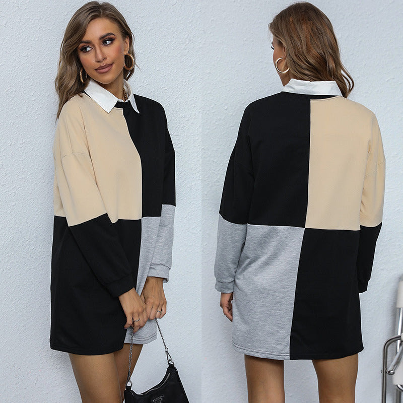 Damen Longline-Sweatkleid mit Hemdblusenkragen, Colorblock-Panels und lockerer Passform Shop Nory