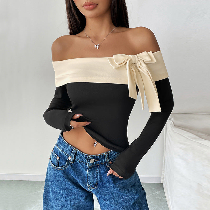 Damen Schulterfreies Langarm-Top mit weitem Umschlagkragen und Zierschleife Shop Nory