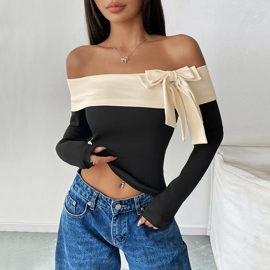Damen Schulterfreies Langarm-Top mit weitem Umschlagkragen und Zierschleife Shop Nory