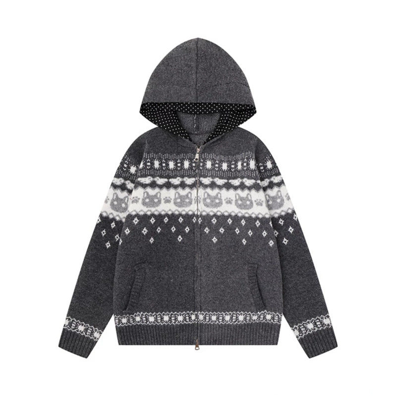 Damen Kapuzen-Strickjacke mit Norwegermuster, zweifachem Reißverschluss und Kängurutaschen Shop Nory