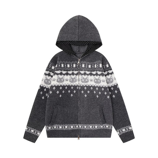 Damen Kapuzen-Strickjacke mit Norwegermuster, zweifachem Reißverschluss und Kängurutaschen Shop Nory