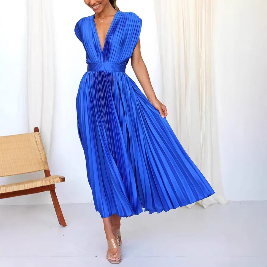 Damen Plissiertes Midikleid mit tiefem V-Ausschnitt und Taillengürtel Shop Nory