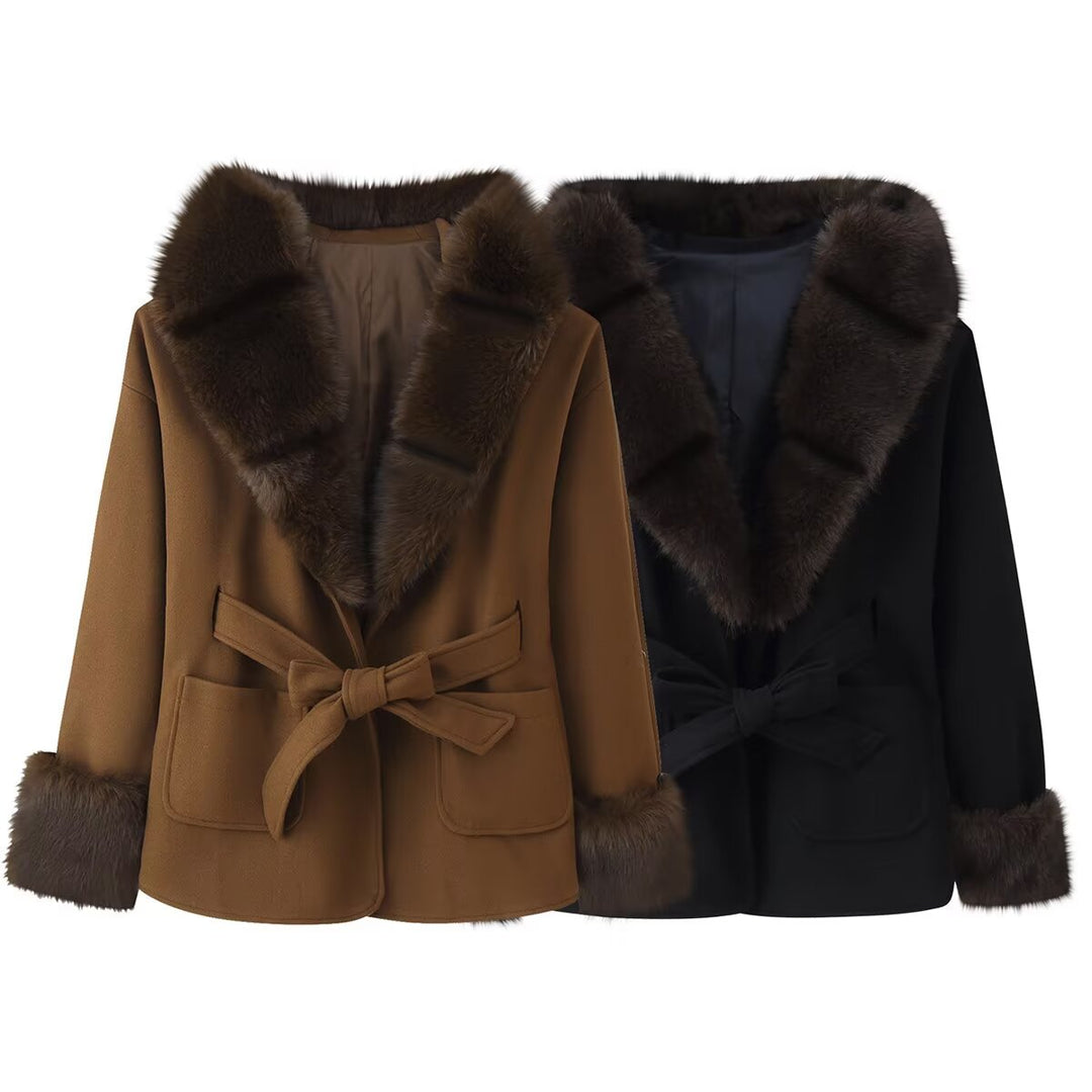 Damen Kurzer Wollmix-Mantel mit Kunstfellkragen, Taillengürtel und aufgesetzten Taschen Shop Nory