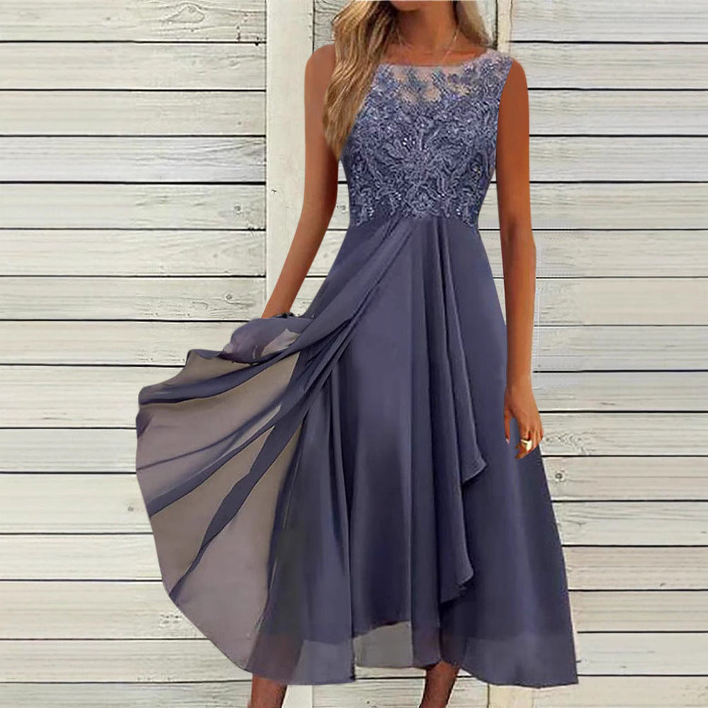 Damen nan ärmelloses Chiffon-Midikleid mit bestickter Illusionsspitze, Schiff-Ausschnitt und mehrlagigem Schwingrock