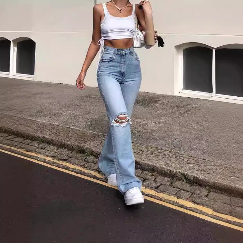 Damen Vintage Schlagjeans mit modischen Rissdetails und hohem Bund