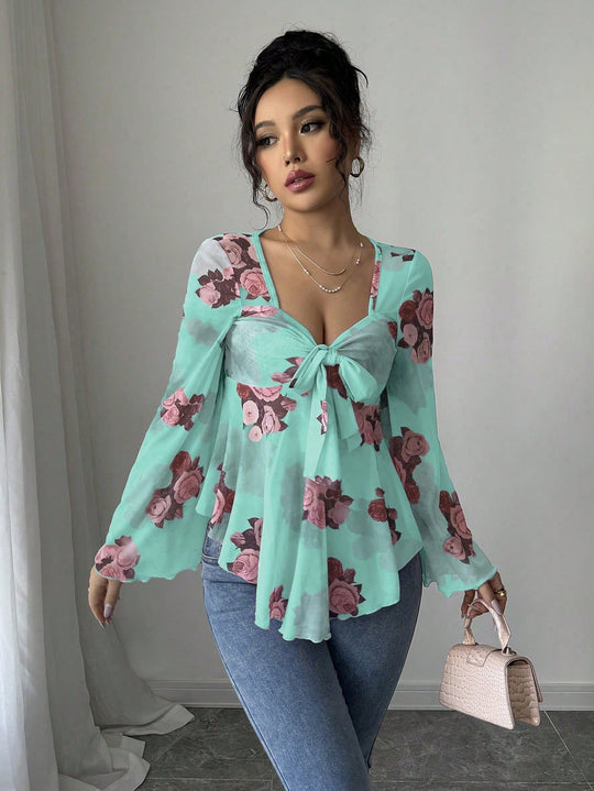Damen Transparente Chiffon-Babydoll-Bluse mit Knotenfront und floralem Allover-Print Shop Nory