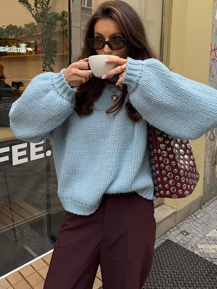 Damen Oversize Grobstrick-Pullover mit Ballonärmeln und breitem Rippenkragen Shop Nory