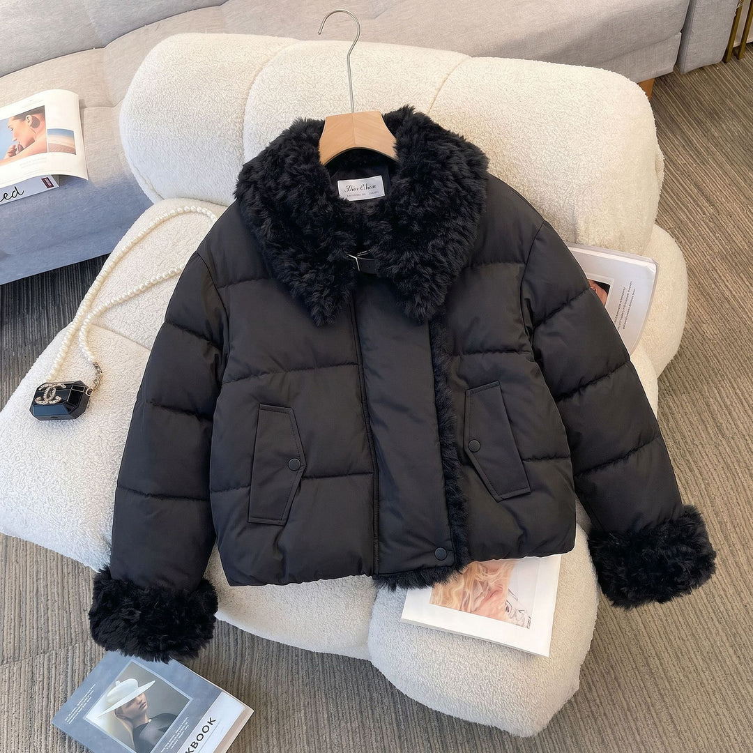 Damen nan wattierte Kurzjacke mit voluminösem Kunstfellkragen und Bommelbändern Shop Nory