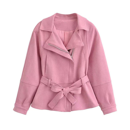 Damen Kurzjacke mit Taillengürtel, asymmetrischem Revers und Peplum-Saum Shop Nory