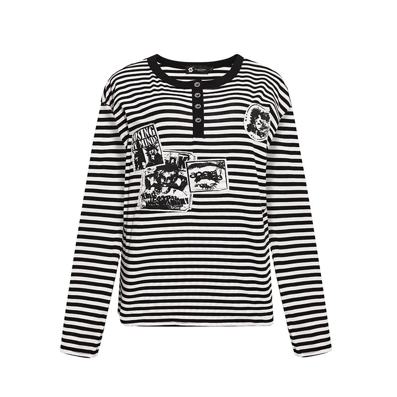Damen Gestreiftes Langarm-Henleyshirt mit Knopfleiste und Grafikpatches Shop Nory