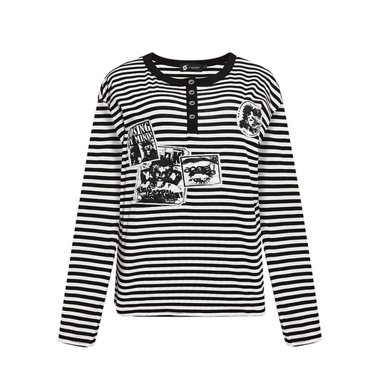 Damen Gestreiftes Langarm-Henleyshirt mit Knopfleiste und Grafikpatches Shop Nory
