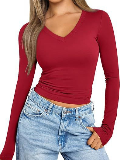 Damen Figurnahes Langarm-Cropped-Shirt mit V-Ausschnitt und elastischem Taillenbund Shop Nory