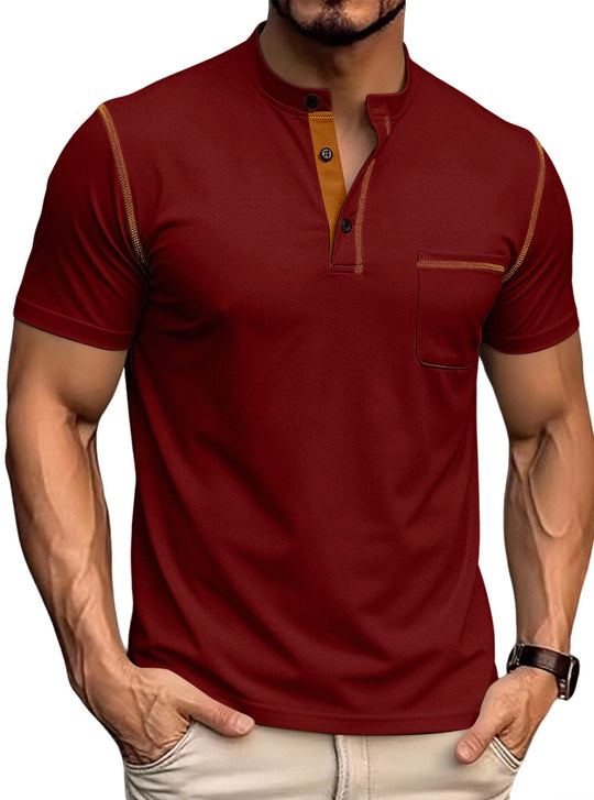 Herren nan kurzärmeliges Henley-Shirt mit Stehkragen, Brusttasche und kontrastierenden Ziernähten