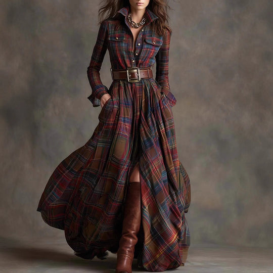 Damen nan karierte Maxikleid Hemdblusenkleid mit ausgestelltem Rock und breitem Taillengürtel Shop Nory