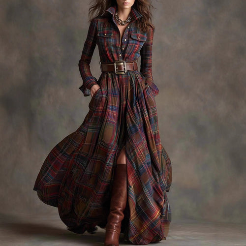 Damen nan karierte Maxikleid Hemdblusenkleid mit ausgestelltem Rock und breitem Taillengürtel Shop Nory