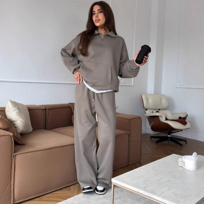 Damen Bequeme und elegante Langarm-Pullover mit Reißverschluss und weiten Jogginghose Shop Nory