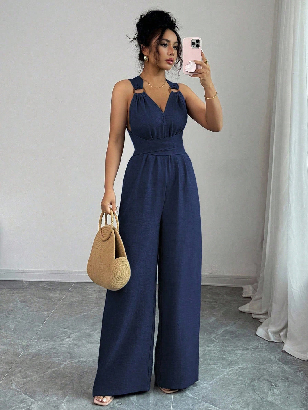 Damen Jumpsuit mit weitem Bein, tailliertem Wickelband und Ösen-Trägern Shop Nory