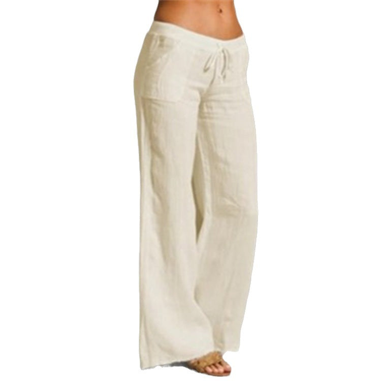 Damen weite Leinenhose mit hochgezogenem Bund und seitlichen Taschen