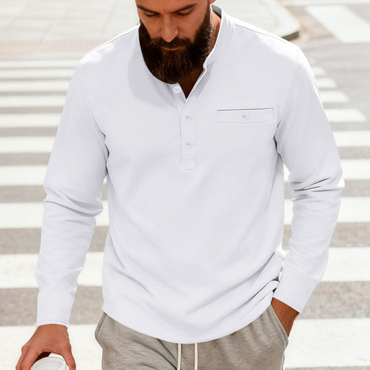 Herren Lässiges Henley-Langarmshirt mit Stehkragen, Brusttasche und abgerundetem Saum Shop Nory