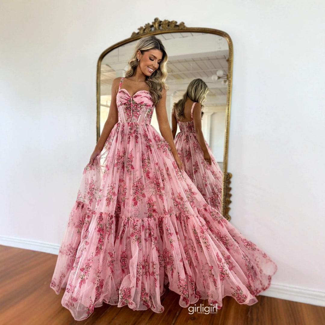 Damen Maxikleid mit floralem Tüll und voluminösem Rock