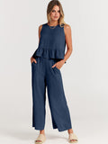 Damen luftiges Zweiteiler-Set mit schickem Peplum-Top und weitem Hose
