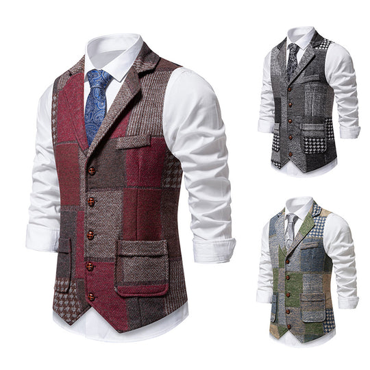 Herren Patchwork-Tweed-Weste mit Reverskragen und Pattentaschen Shop Nory