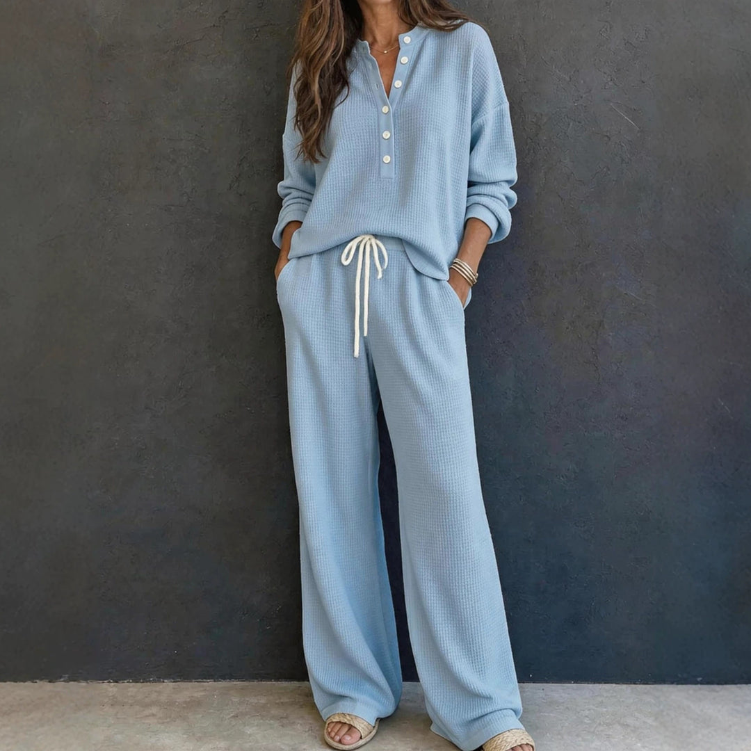 Damen Waffelstrick-Loungewear-Set mit Henley-Oberteil und weiter Kordelbundhose Shop Nory