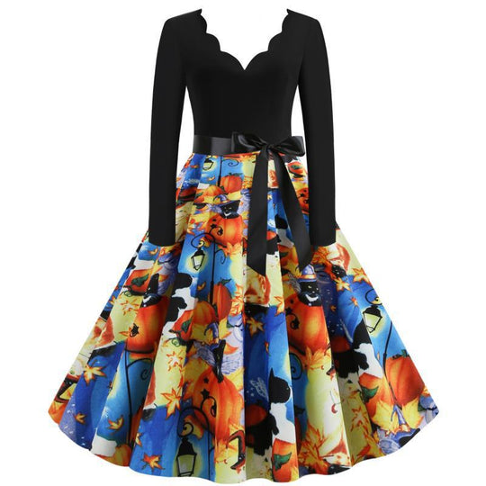 Damen Retro Swingkleid mit gewelltem Ausschnitt, langen Ärmeln und Halloween-Print Tellerrock Shop Nory