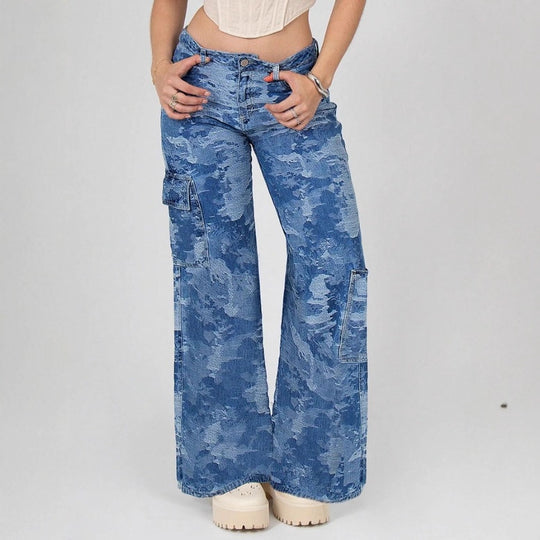 Damen Taillenhohe Palazzo-Cargo-Jeans aus Camouflage-Denim mit aufgesetzten Taschen Shop Nory