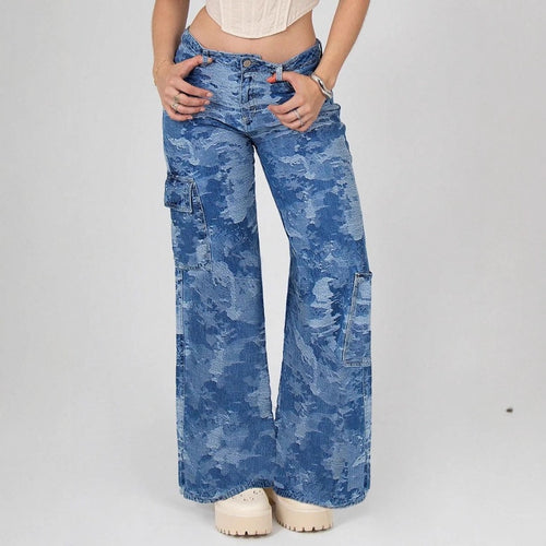 Damen Taillenhohe Palazzo-Cargo-Jeans aus Camouflage-Denim mit aufgesetzten Taschen Shop Nory