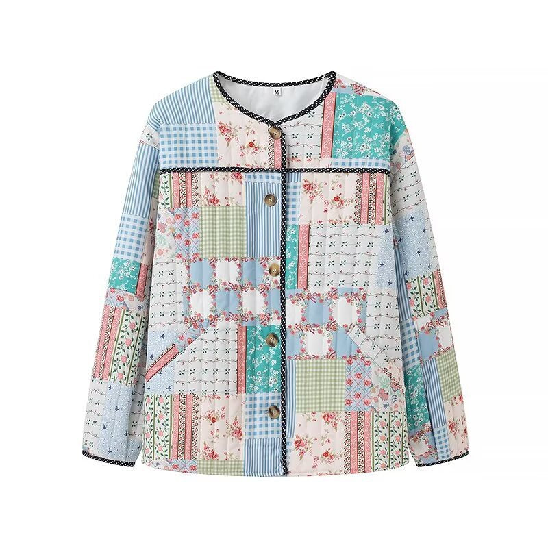 Damen gesteppte Patchwork-Quiltjacke mit Rundhalsausschnitt, Zierborte und Frontknöpfen Shop Nory