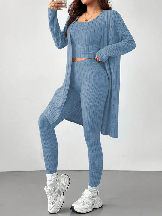 Damen Geripptes Feinstrick-Lounge-Set mit Longcardigan, kurzes Top und hochtaillierten Leggings Shop Nory