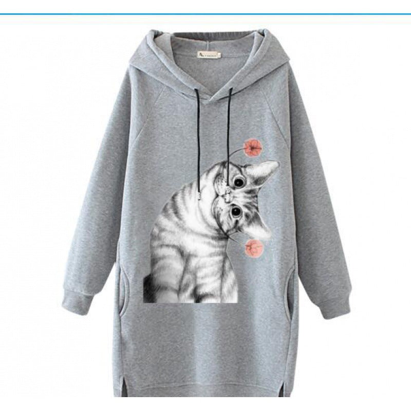Damen Oversize Kapuzenkleid aus Sweat mit großem Katzenprint und Seitentaschen Shop Nory